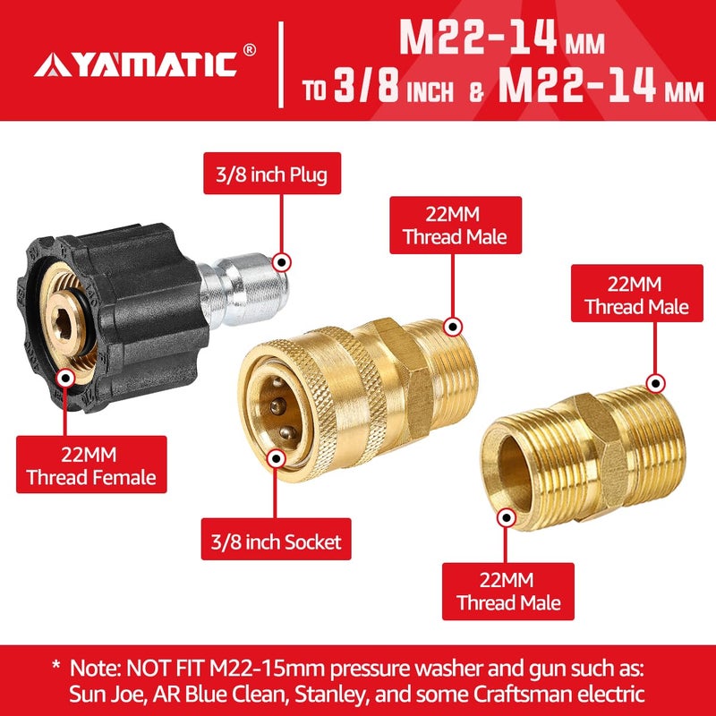 YAMATIC Pressure Washer Adapter Set Quick Connect Kit, M22 to 3/8" Quick Connectors, 5000 PSI Pressure Couplers Fittings for a Pressure Washer, Hose, and Gun - 5 PCS - Image 3